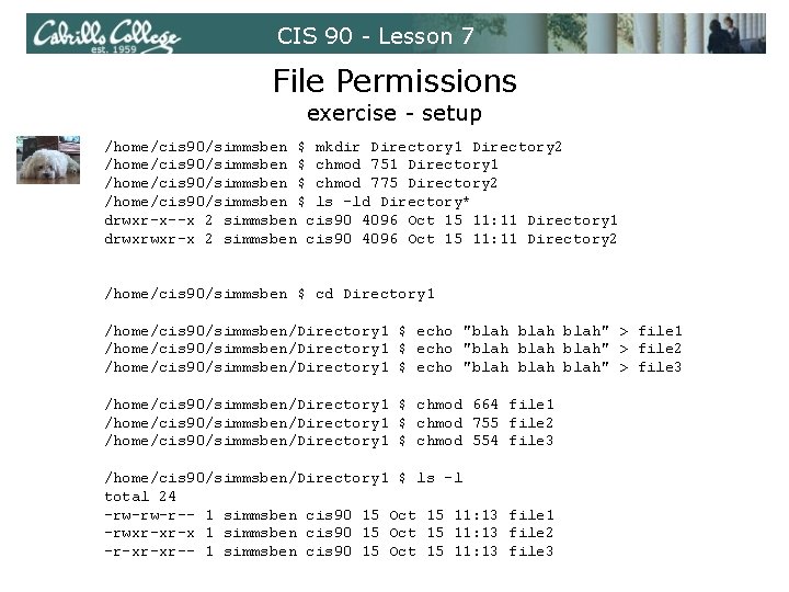 CIS 90 - Lesson 7 File Permissions exercise - setup /home/cis 90/simmsben $ mkdir