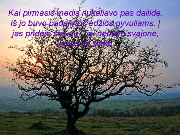 Kai pirmasis medis nukeliavo pas dailidę, iš jo buvo padarytos ėdžios gyvuliams. Į jas