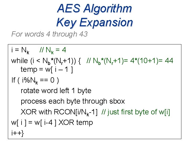 AES Algorithm Key Expansion For words 4 through 43 i = Nk // Nk