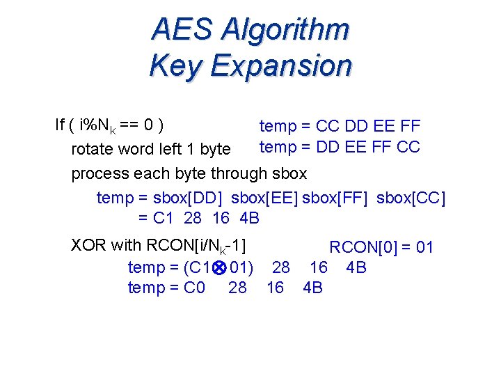AES Algorithm Key Expansion If ( i%Nk == 0 ) temp = CC DD