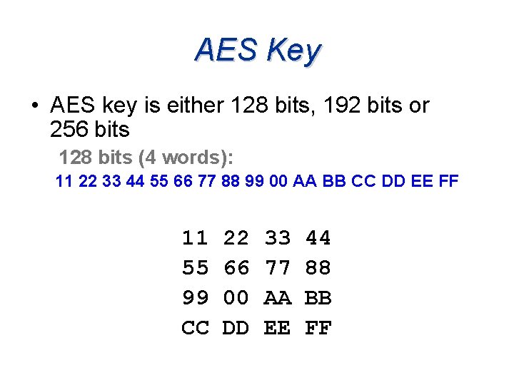 AES Key • AES key is either 128 bits, 192 bits or 256 bits