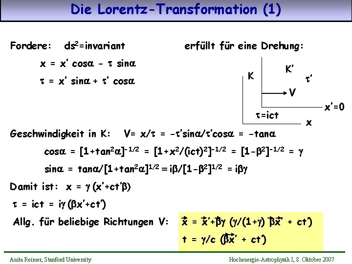 Die Lorentz-Transformation (1) Fordere: ds 2=invariant erfüllt für eine Drehung: x = x’ cosa