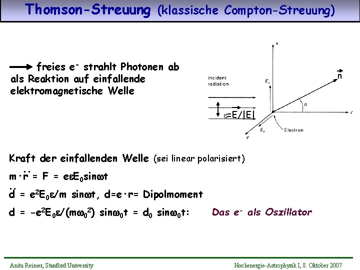 Thomson-Streuung (klassische Compton-Streuung) freies e- strahlt Photonen ab als Reaktion auf einfallende elektromagnetische Welle