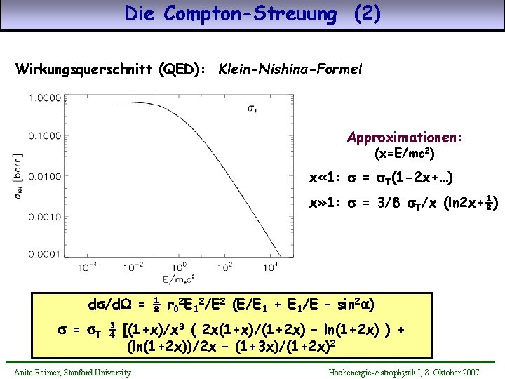 Die Compton-Streuung (2) Wirkungsquerschnitt (QED): Klein-Nishina-Formel Approximationen: (x=E/mc 2) x « 1: s =