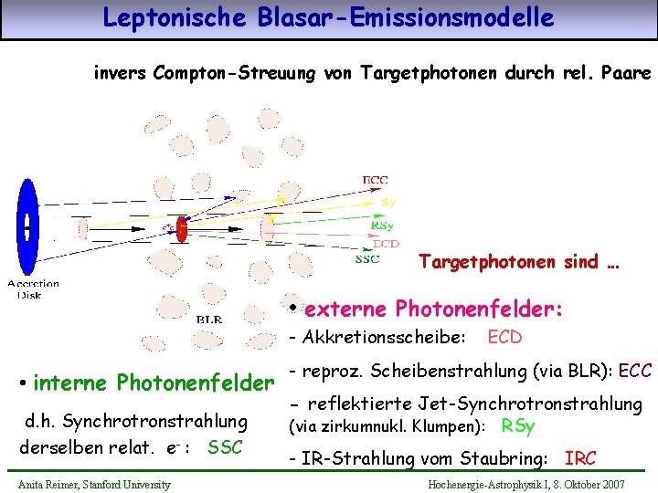 Leptonische Blasar-Emissionsmodelle invers Compton-Streuung von Targetphotonen durch rel. Paare Targetphotonen sind … • externe