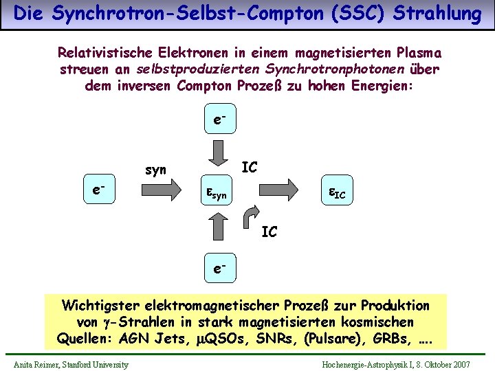 Die Synchrotron-Selbst-Compton (SSC) Strahlung Relativistische Elektronen in einem magnetisierten Plasma streuen an selbstproduzierten Synchrotronphotonen