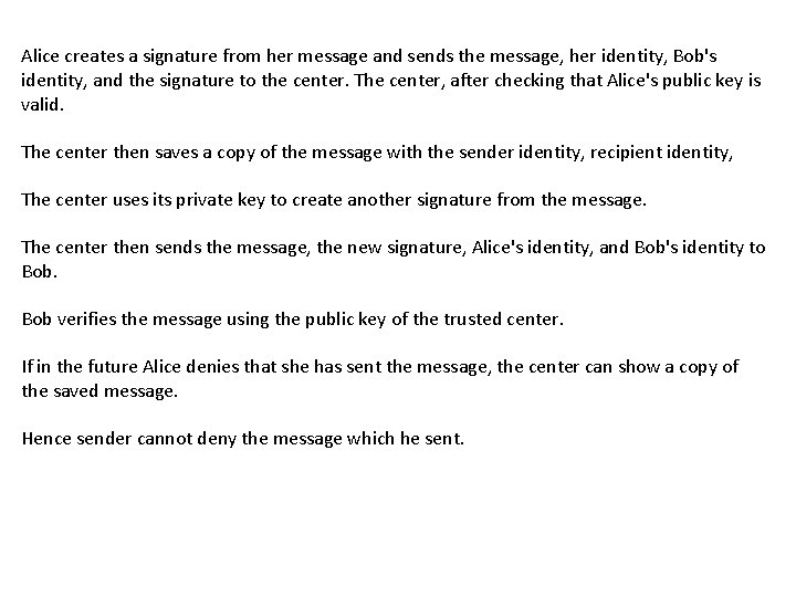 Alice creates a signature from her message and sends the message, her identity, Bob's