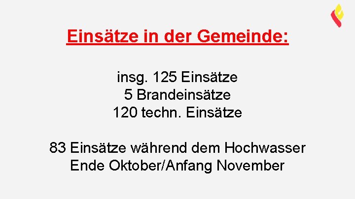 Einsätze in der Gemeinde: insg. 125 Einsätze 5 Brandeinsätze 120 techn. Einsätze 83 Einsätze