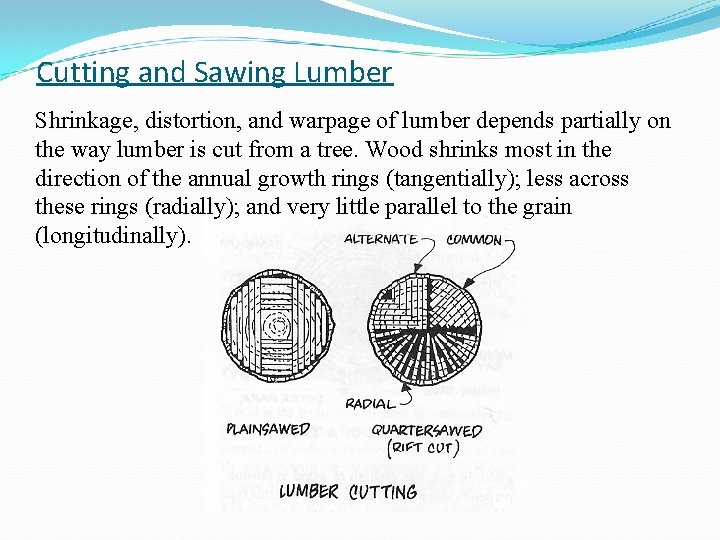 Cutting and Sawing Lumber Shrinkage, distortion, and warpage of lumber depends partially on the