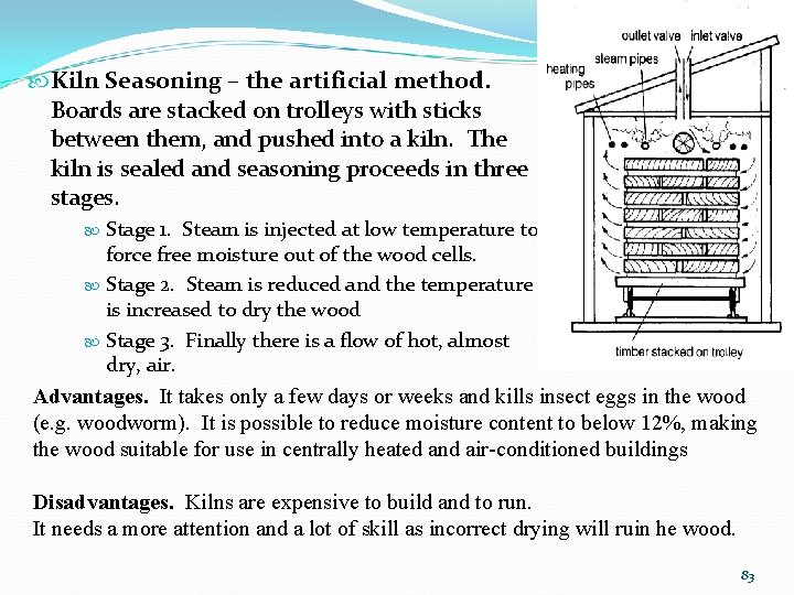  Kiln Seasoning – the artificial method. Boards are stacked on trolleys with sticks