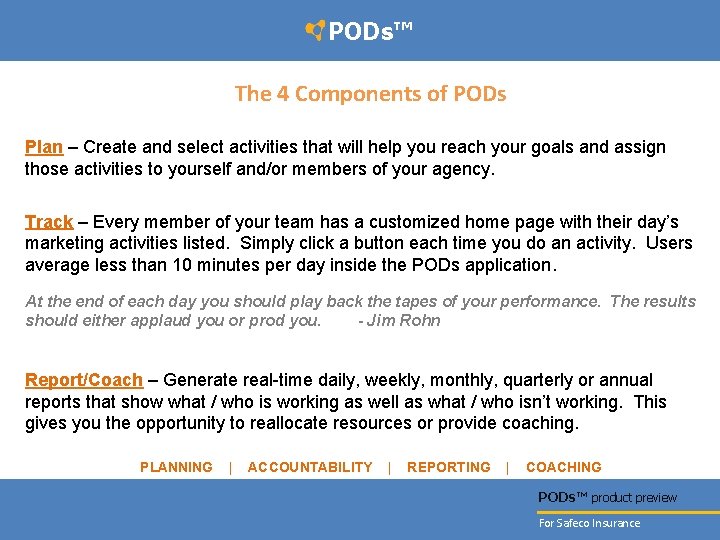 PODs™ The 4 Components of PODs Plan – Create and select activities that will