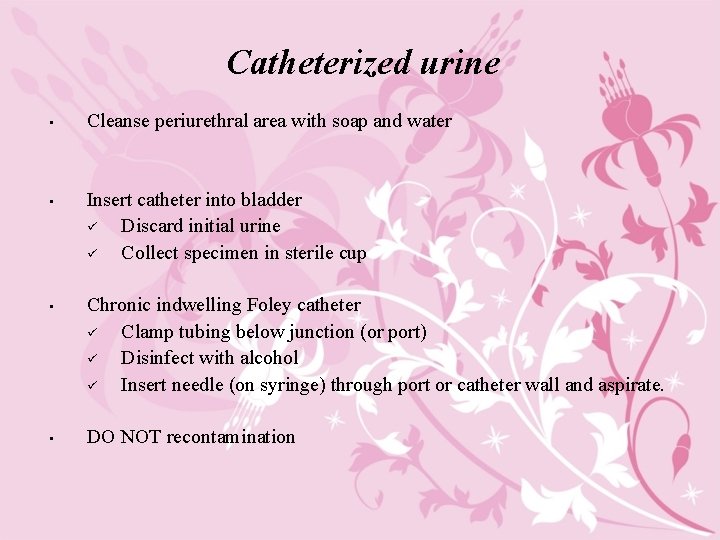 Catheterized urine • Cleanse periurethral area with soap and water • Insert catheter into