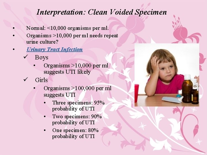 Interpretation: Clean Voided Specimen • • • Normal: <10, 000 organisms per ml. Organisms