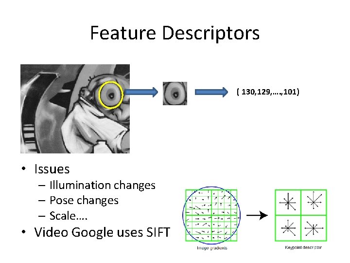 Feature Descriptors ( 130, 129, …. , 101) • Issues – Illumination changes –