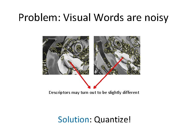 Problem: Visual Words are noisy Descriptors may turn out to be slightly different Solution: