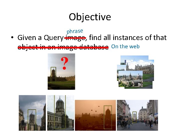 Objective phrase • Given a Query image, find all instances of that object in