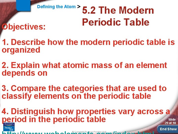 Defining the Atom Objectives: > 5. 2 The Modern Periodic Table 1. Describe how