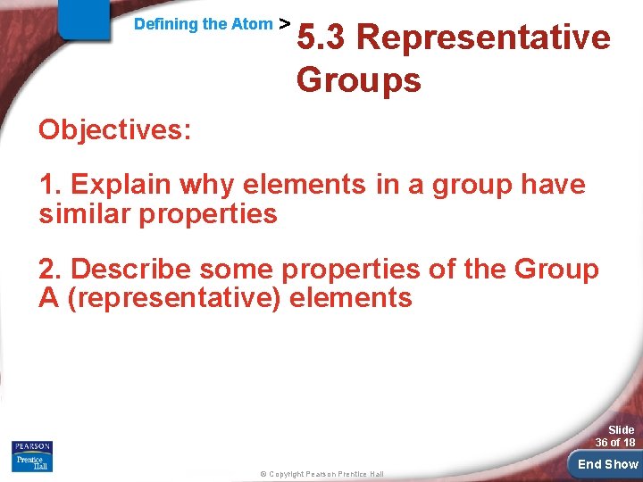 Defining the Atom > 5. 3 Representative Groups Objectives: 1. Explain why elements in