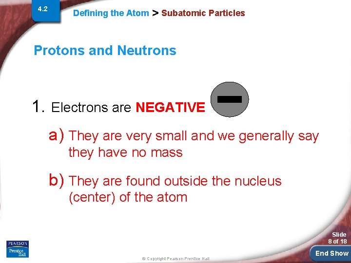 4. 2 Defining the Atom > Subatomic Particles Protons and Neutrons 1. Electrons are