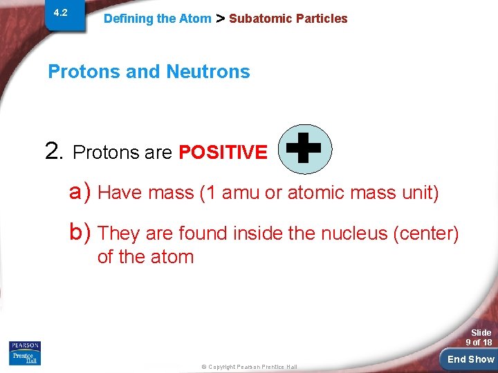 4. 2 Defining the Atom > Subatomic Particles Protons and Neutrons 2. Protons are