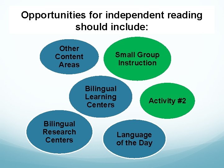 Opportunities for independent reading should include: Other Content Areas Small Group Instruction Bilingual Learning
