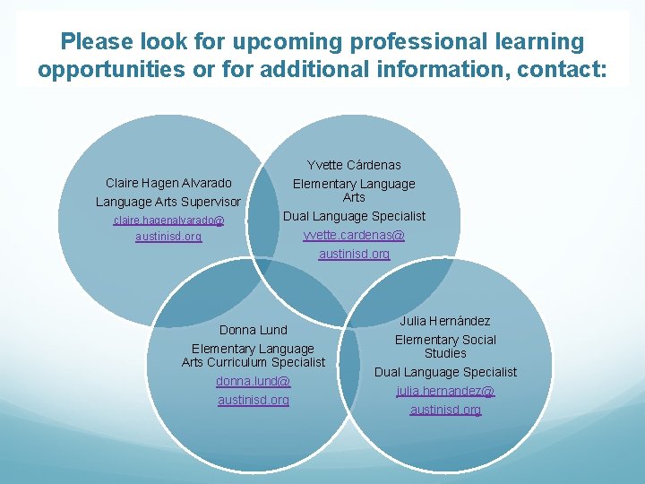 Please look for upcoming professional learning opportunities or for additional information, contact: Yvette Cárdenas