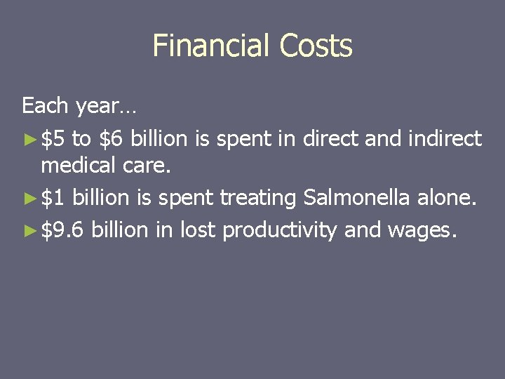 Financial Costs Each year… ► $5 to $6 billion is spent in direct and