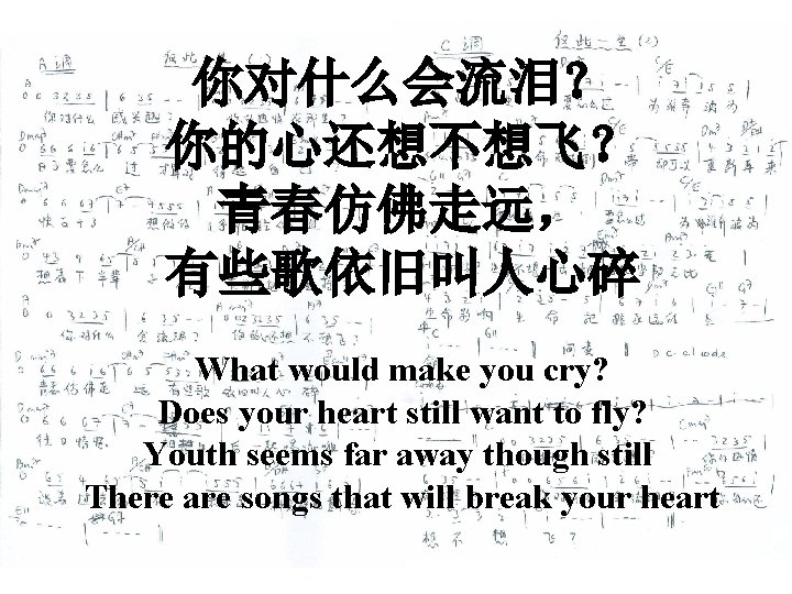 你对什么会流泪？ 你的心还想不想飞？ 青春仿佛走远， 有些歌依旧叫人心碎 What would make you cry? Does your heart still want