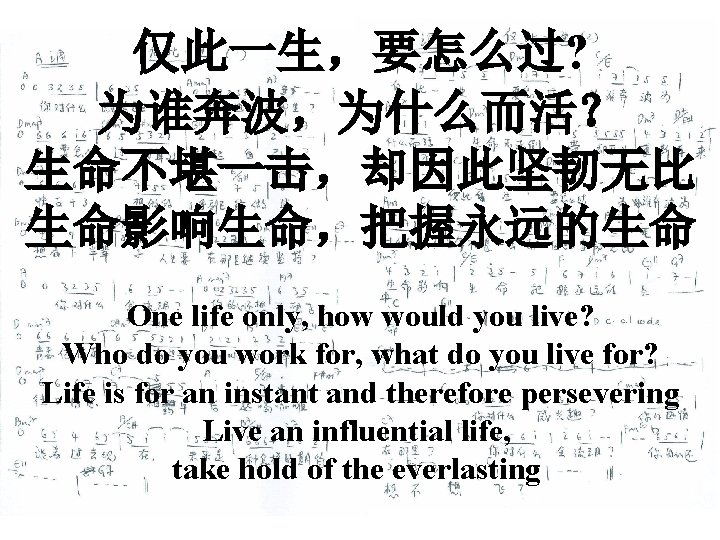 仅此一生，要怎么过? 为谁奔波，为什么而活？ 生命不堪一击，却因此坚韧无比 生命影响生命，把握永远的生命 One life only, how would you live? Who do you