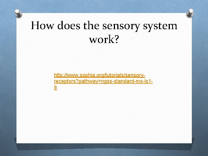 How does the sensory system work? http: //www. sophia. org/tutorials/sensoryreceptors? pathway=ngss-standard-ms-ls 18 