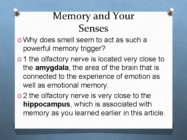 Memory and Your Senses O Why does smell seem to act as such a