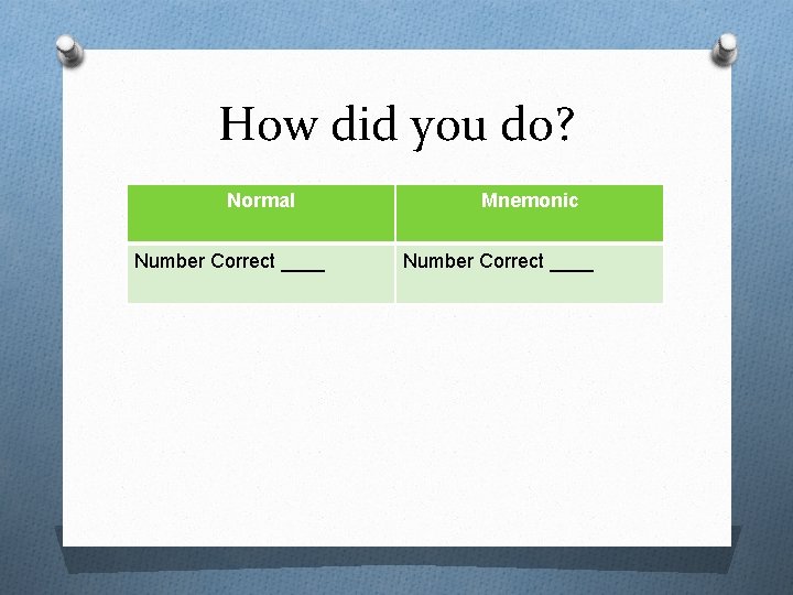 How did you do? Normal Number Correct ____ Mnemonic Number Correct ____ 