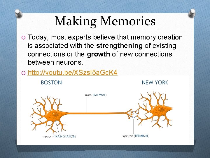 Making Memories O Today, most experts believe that memory creation is associated with the