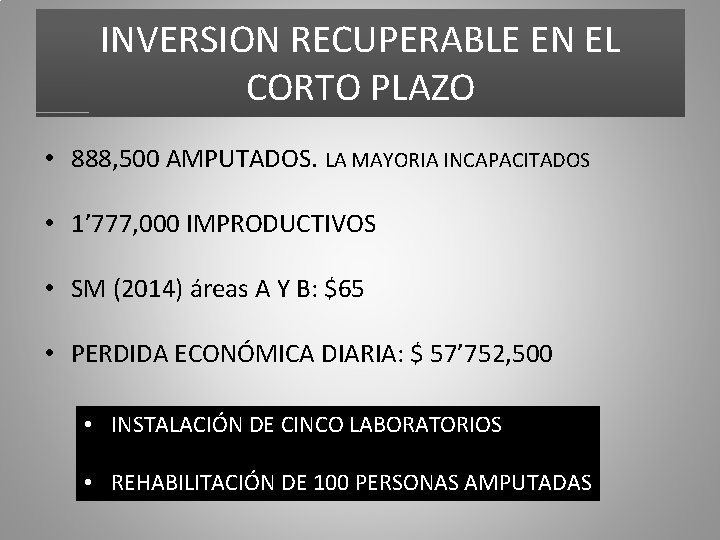 INVERSION RECUPERABLE EN EL CORTO PLAZO • 888, 500 AMPUTADOS. LA MAYORIA INCAPACITADOS •