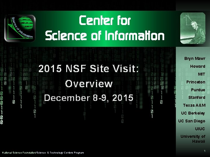 Center for Science of Information Bryn Mawr 2015 NSF Site Visit: Overview December 8