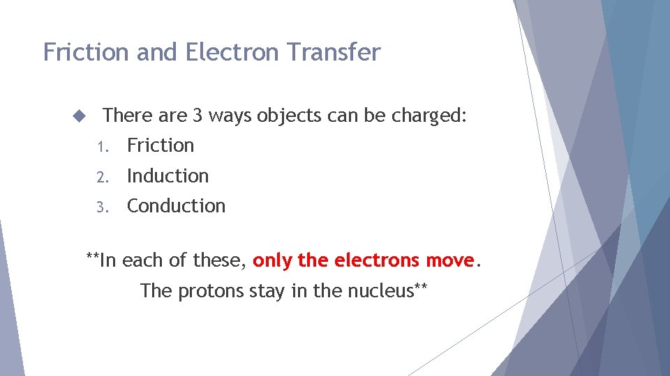 Friction and Electron Transfer There are 3 ways objects can be charged: 1. Friction