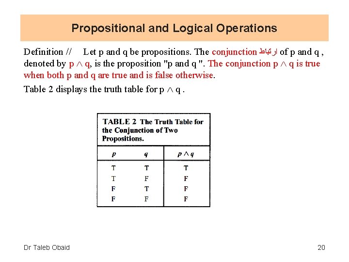 Propositional and Logical Operations Definition // Let p and q be propositions. The conjunction