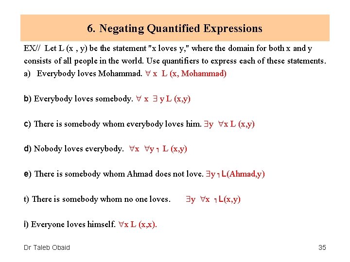 6. Negating Quantified Expressions EX// Let L (x , y) be the statement "x