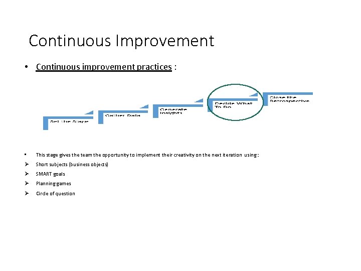 Continuous Improvement • Continuous improvement practices : • This stage gives the team the