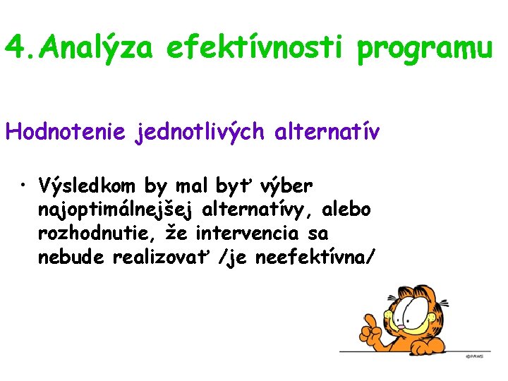 4. Analýza efektívnosti programu Hodnotenie jednotlivých alternatív • Výsledkom by mal byť výber najoptimálnejšej