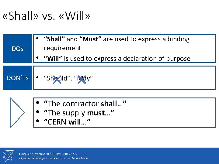  «Shall» vs. «Will» • DOs DON’Ts • “Shall” and “Must” are used to