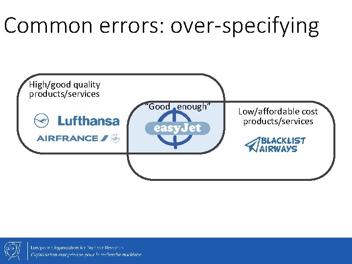 Common errors: over-specifying High/good quality products/services “Good enough” Low/affordable cost products/services 