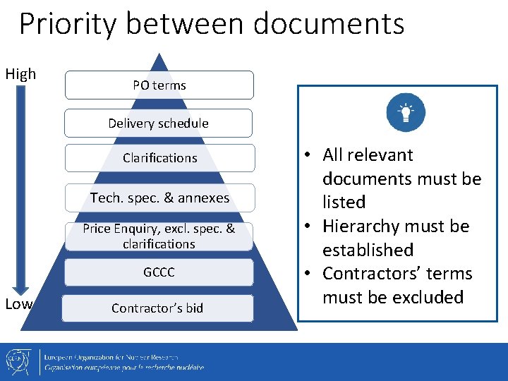 Priority between documents High PO terms Delivery schedule Clarifications Tech. spec. & annexes Price