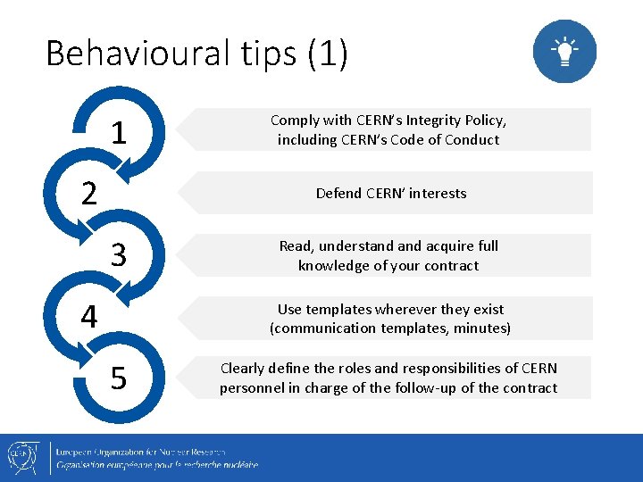 Behavioural tips (1) 1 2 Comply with CERN’s Integrity Policy, including CERN’s Code of