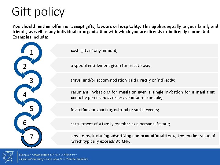 Gift policy You should neither offer nor accept gifts, favours or hospitality. This applies
