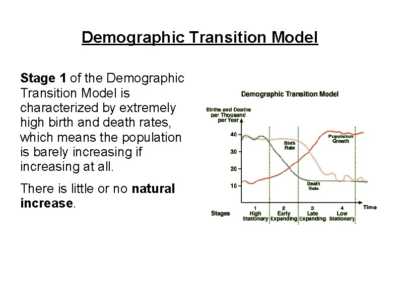 Demographic Transition Model Stage 1 of the Demographic Transition Model is characterized by extremely