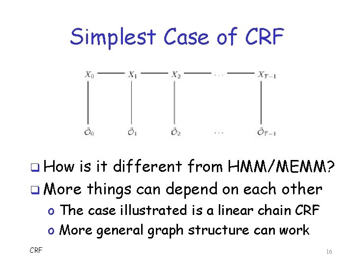Simplest Case of CRF q How is it different from HMM/MEMM? q More things