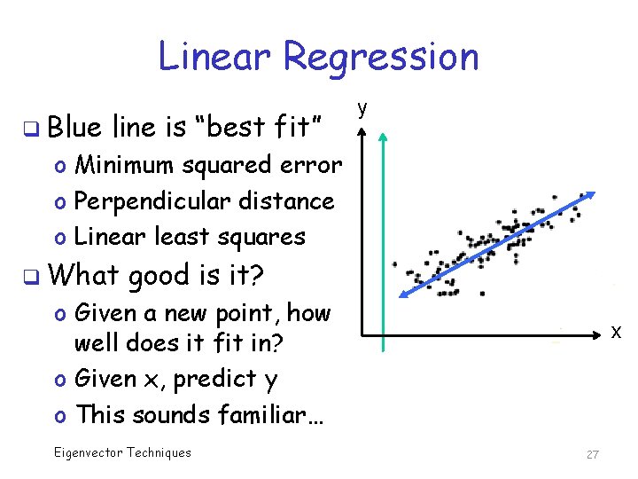 Linear Regression q Blue line is “best fit” y o Minimum squared error o