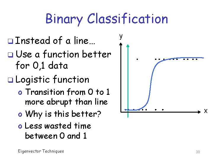 Binary Classification q Instead of a line… q Use a function better for 0,