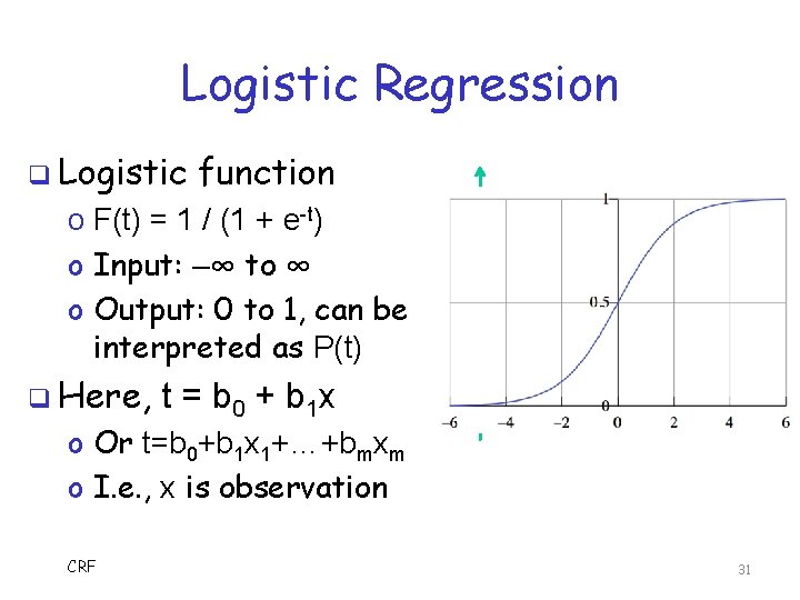 Logistic Regression q Logistic function o F(t) = 1 / (1 + e-t) o